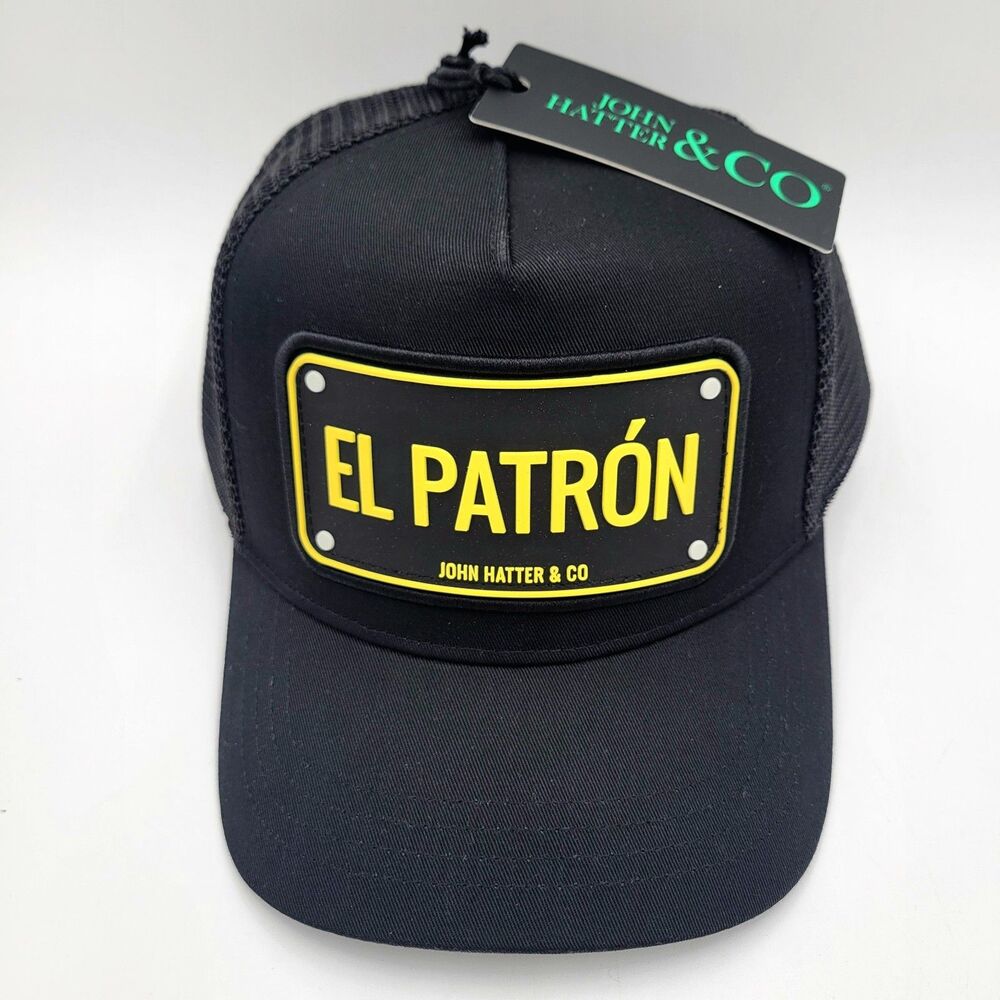 John Hatter & Co Hat El Patron Black Trucker Adjustable Hat Rubber Plaque NWT